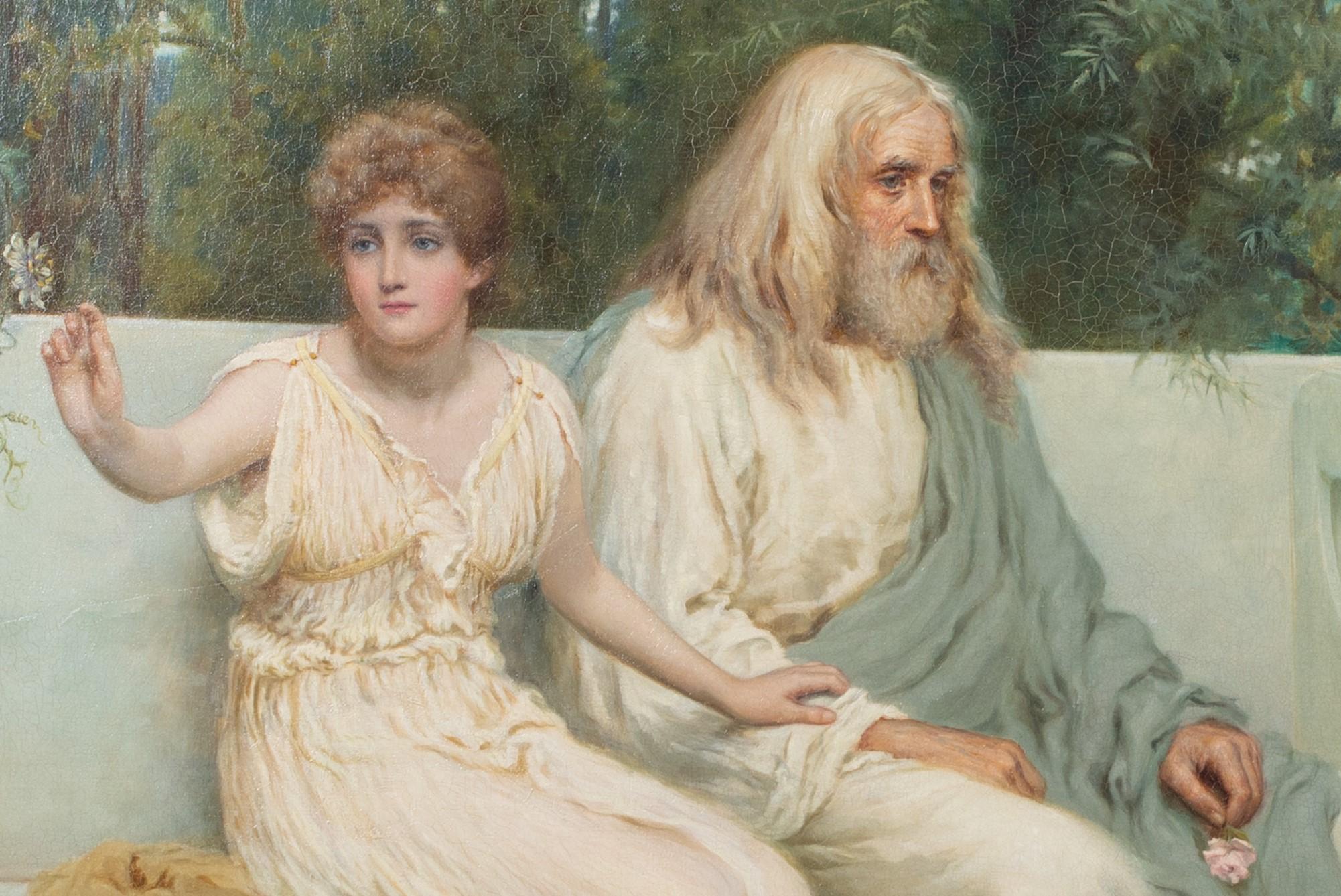 Youth & Old Age, 19th Century

by NORMAN PRESCOTT DAVIES (1862-1915)

Large 19th Century Pre-Raphaelite portrait of an young maiden and an elderly man, oil on canvas by Norman Prescott Davies. Beautiful classical scene from ancient Greece or Rome