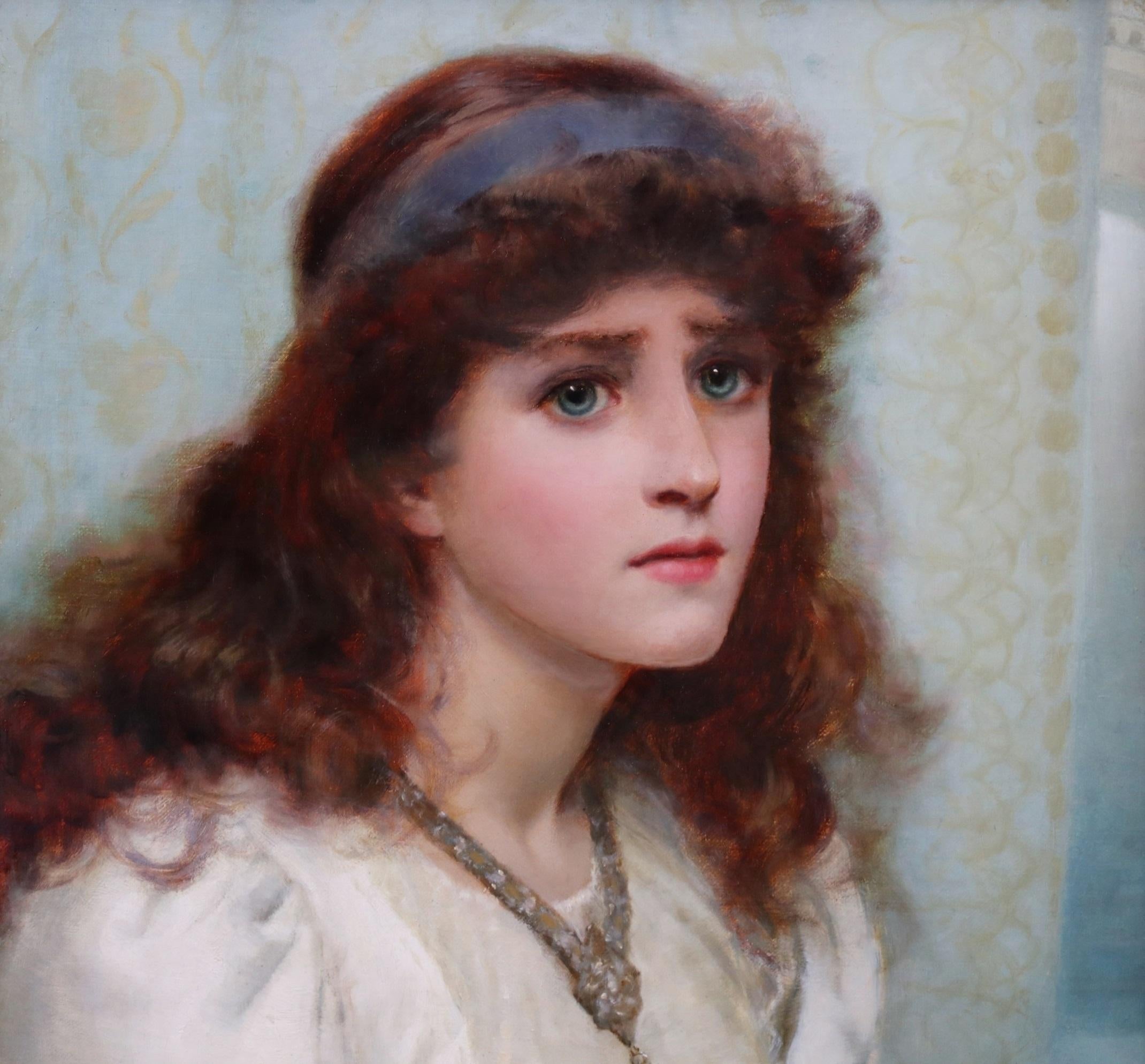 Peinture à l'huile préraphaélite du 19e siècle représentant Guenièvre, le roi Arthur à Camelot - Marron Portrait Painting par Norman Prescott-Davies RBA RCA