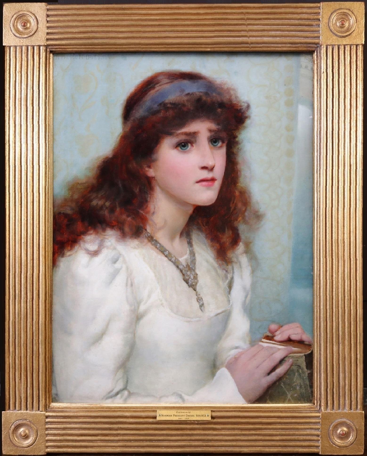 ‘Guinevere’ by Norman Prescott-Davies R.B.A, R.C.A. (1861-1915). The painting – which depicts an English mediaeval portrait of Queen Guinevere at Amesbury Priory contemplating her love for Launcelot – is signed by the artist and dated 1891. 

Norman