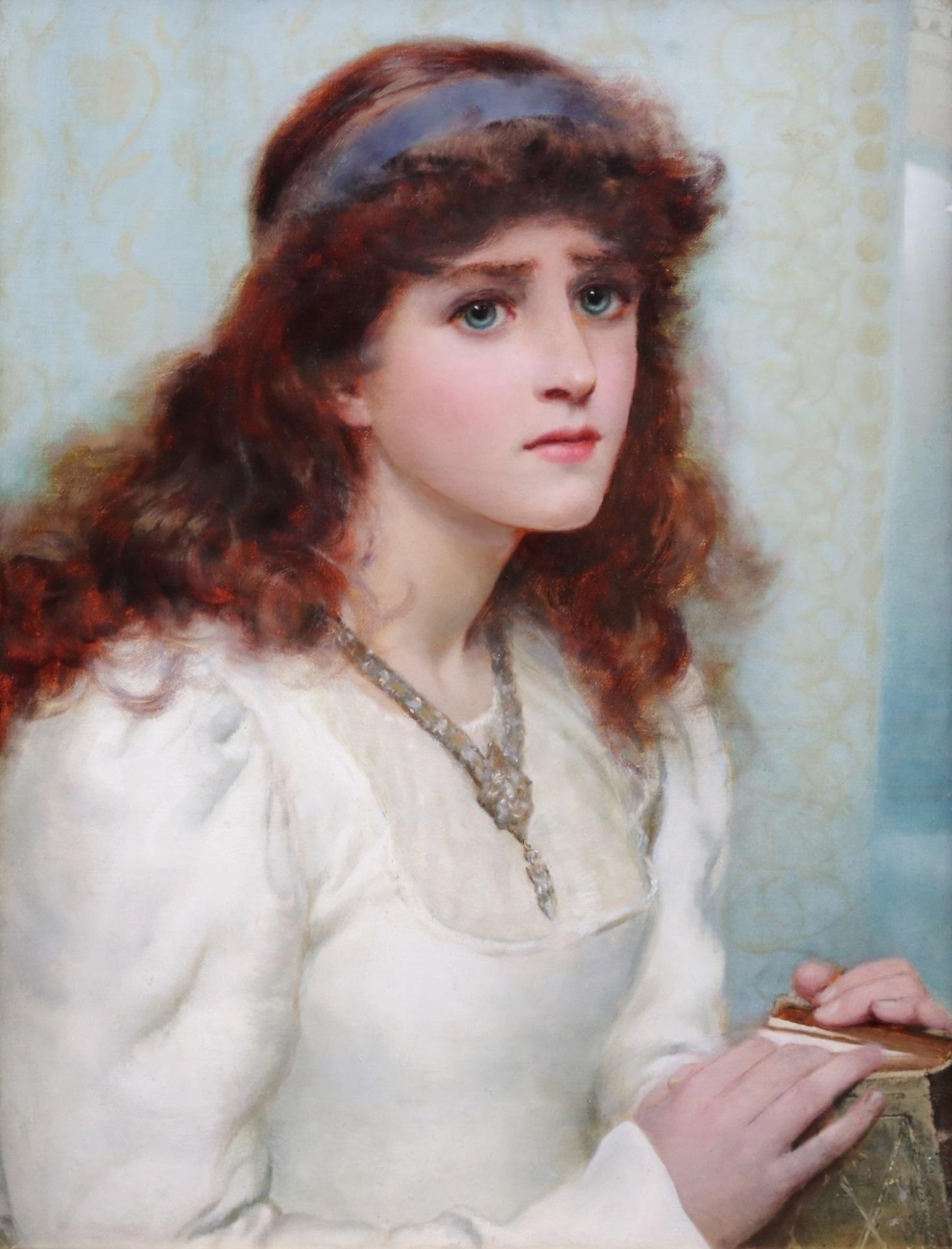 ‘Guinevere’ by Norman Prescott-Davies R.B.A, R.C.A. (1861-1915). The painting – which depicts an English mediaeval portrait of Queen Guinevere at Amesbury Priory contemplating her love for Launcelot – is signed by the artist and dated 1891. 

Norman