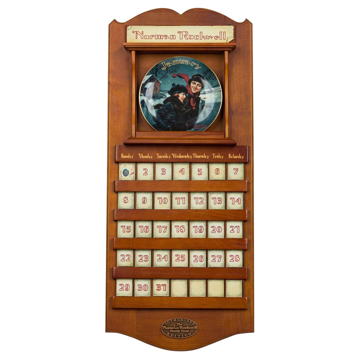 Norman Rockwell Amerikanische Mitte des Jahrhunderts Porzellanteller 
Kacheln Wandkalender aus Holz im Angebot