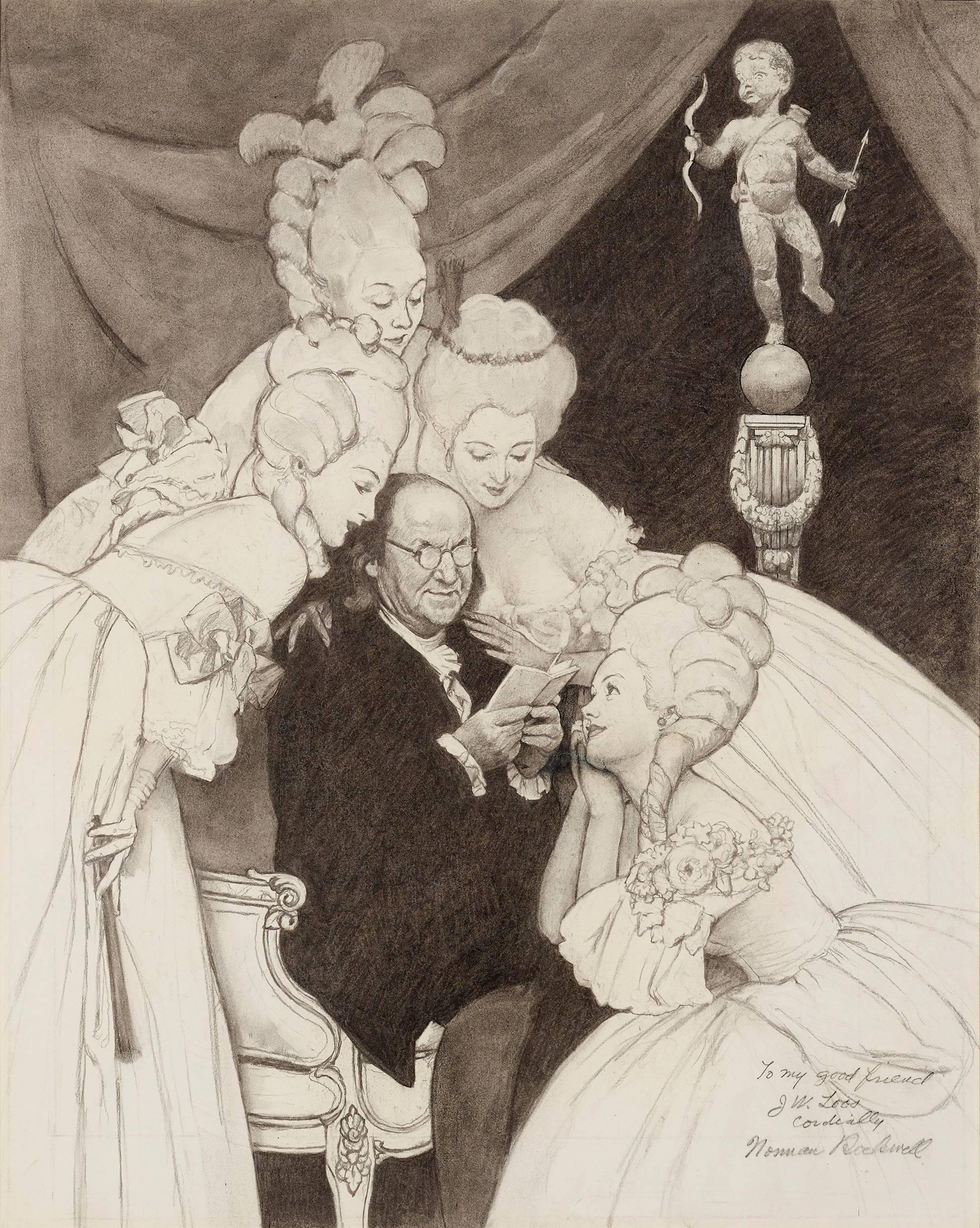 Norman Rockwell
1894-1978  American

Poor Richard's Almanack (Ben Franklin's Belles)

Signed and dedicated "To my good friend JW. Loos / Cordially / Norman Rockwell" (lower right)
Charcoal on paper

This humorous drawing by the celebrated American