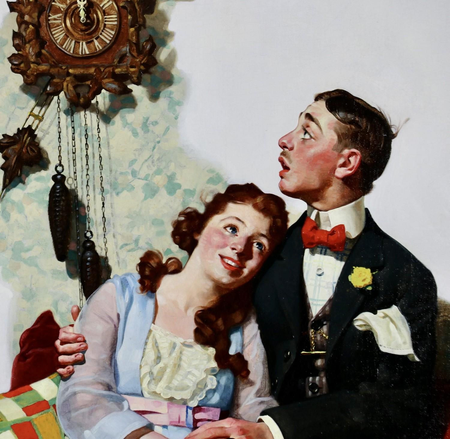 Titelseite der Zeitschrift The Saturday Evening Post, 22. März 1919

Ein junges Paar, das in der Aufregung des Werbens gefangen ist, sitzt zusammen, als die Uhr Mitternacht schlägt. Im warmen Licht häuslicher Intimität lehnt sich die junge Frau