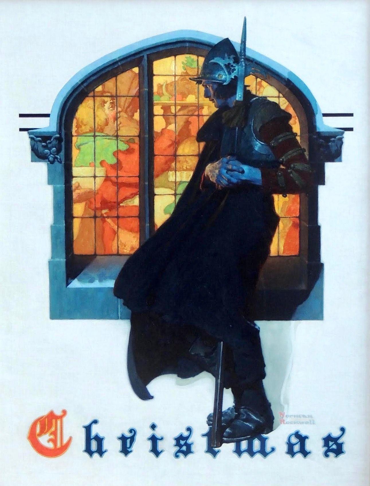 Knight Looking in Stained Glass Window, Christmas Cover for the Post