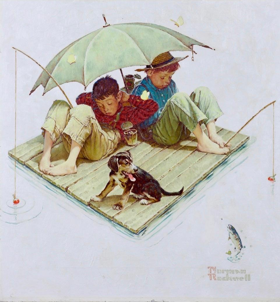 Figurative Painting Norman Rockwell - Moi et mon ami : Radeau de pêche, Calendrier Four Seasons Illustration