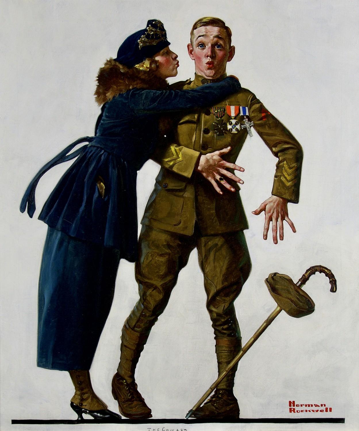 Figurative Painting de Norman Rockwell - "El cobarde" Portada original para la revista Life, Mujer besando a un soldado de la Primera Guerra Mundial
