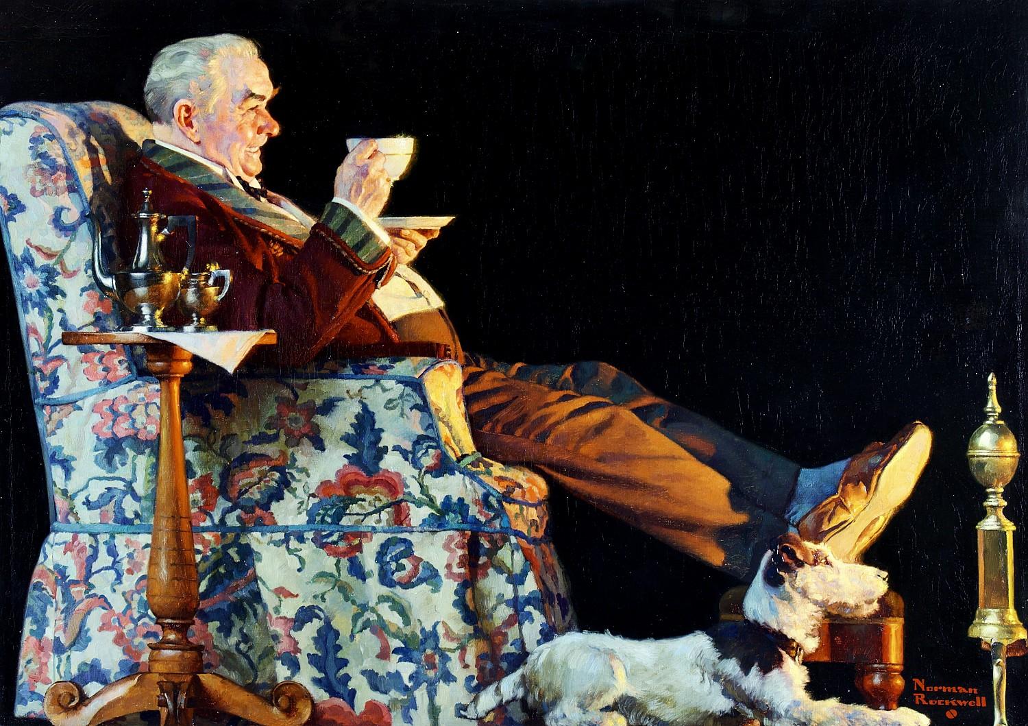 Figurative Painting de Norman Rockwell - "¡Sí, señor! Es el Café de los Hermanos Hills" Anuncio original
