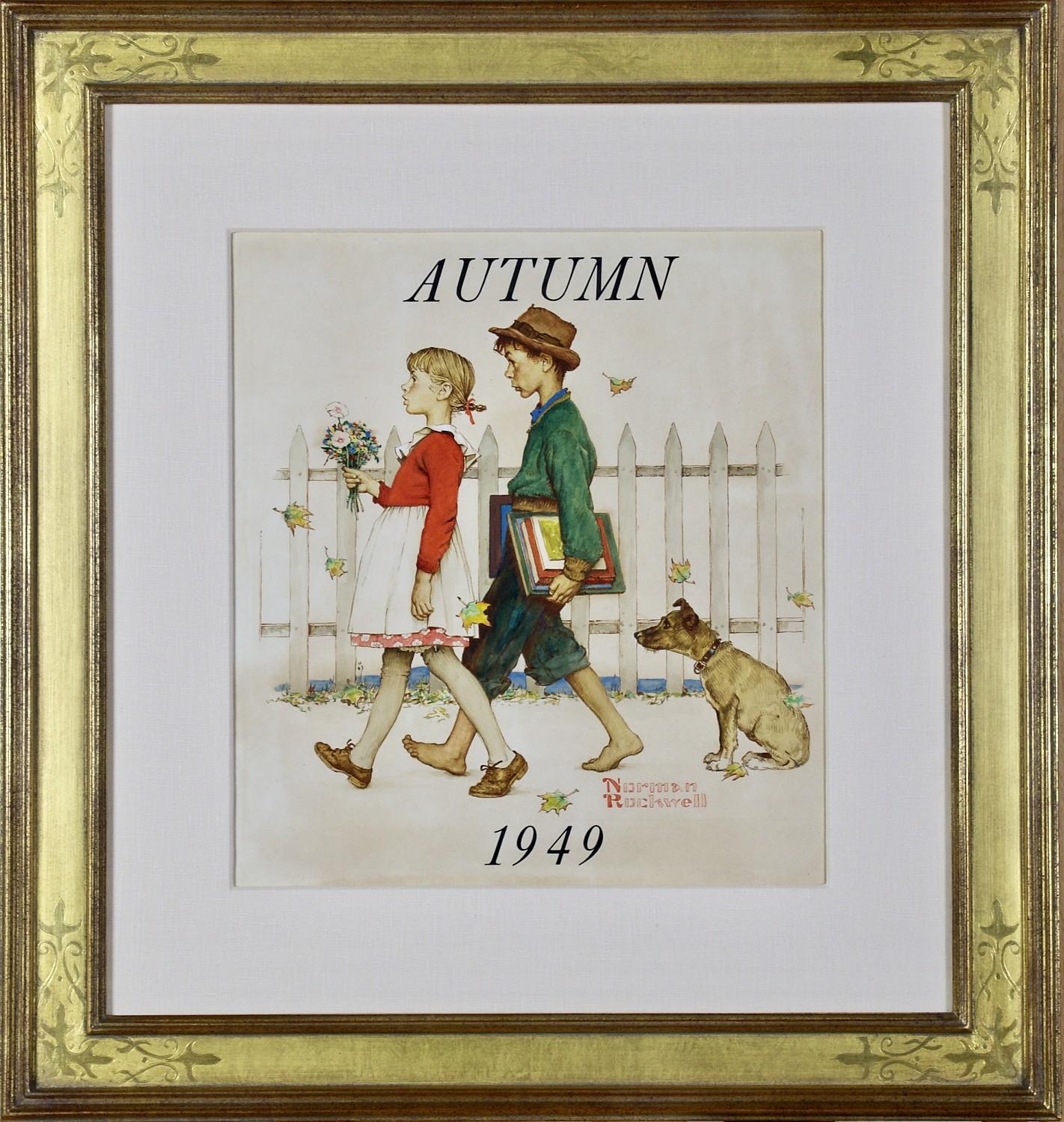 Young Love: Walking to School, Four Seasons Calendar Illustration - Painting by Norman Rockwell