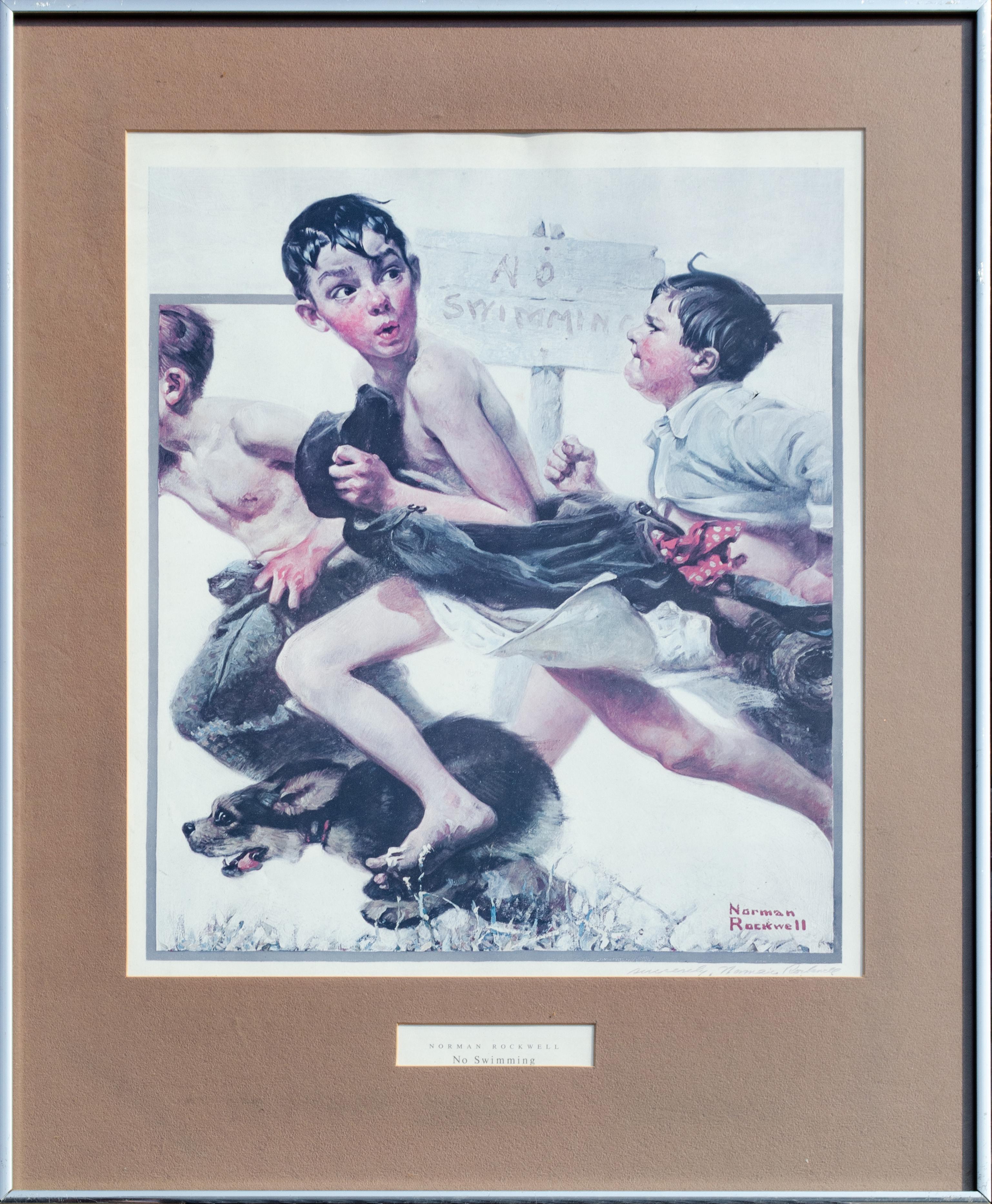 Norman Rockwell (americano, 1894-1978)
Niente nuoto
Dipinto originale prodotto nel 1921, data di questa stampa sconosciuta
Litografia
Vista: 21 x 18 pollici.
Incorniciato: 30 x 24 x 1 pollice.
Firmato nel piatto
Firmato a mano in basso a destra a