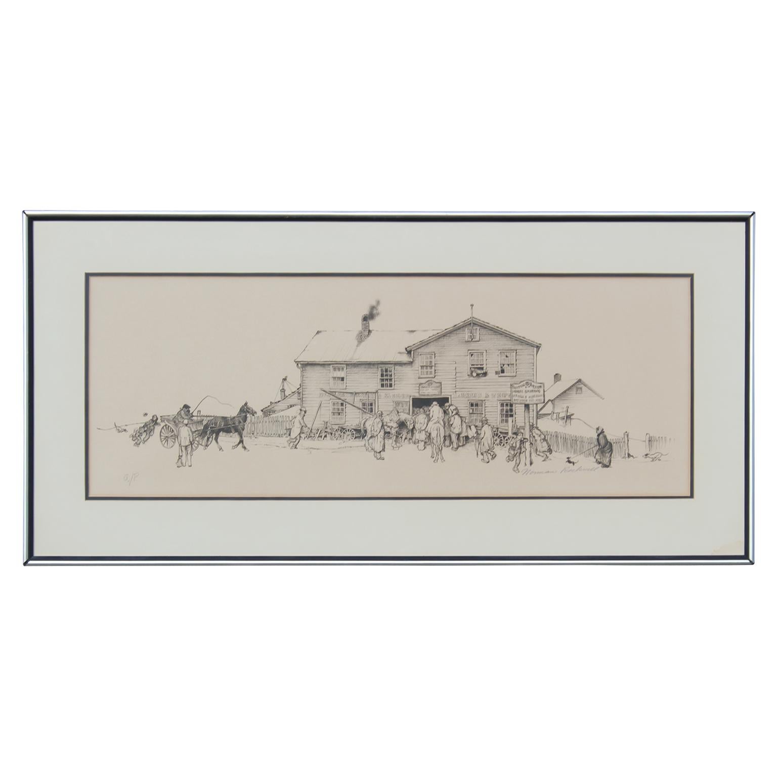 Limited Edition Blacksmith Shop Landscape Lithograph - Art by After Norman Rockwell