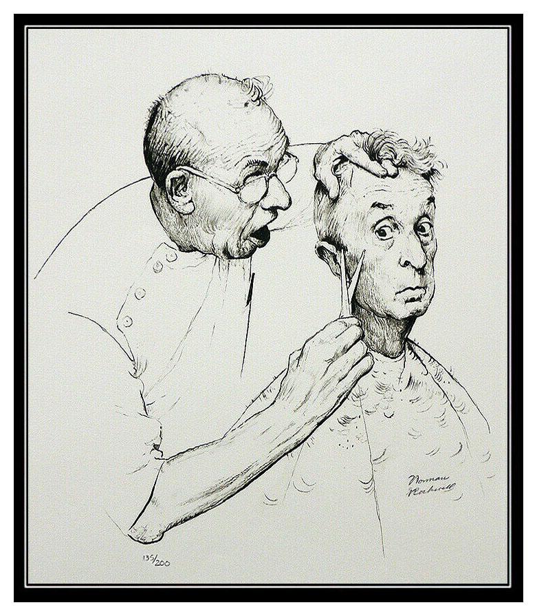 NORMAN ROCKWELL At The Barber Lithograph HAND SIGNED Original Illustration Art - Print by Norman Rockwell