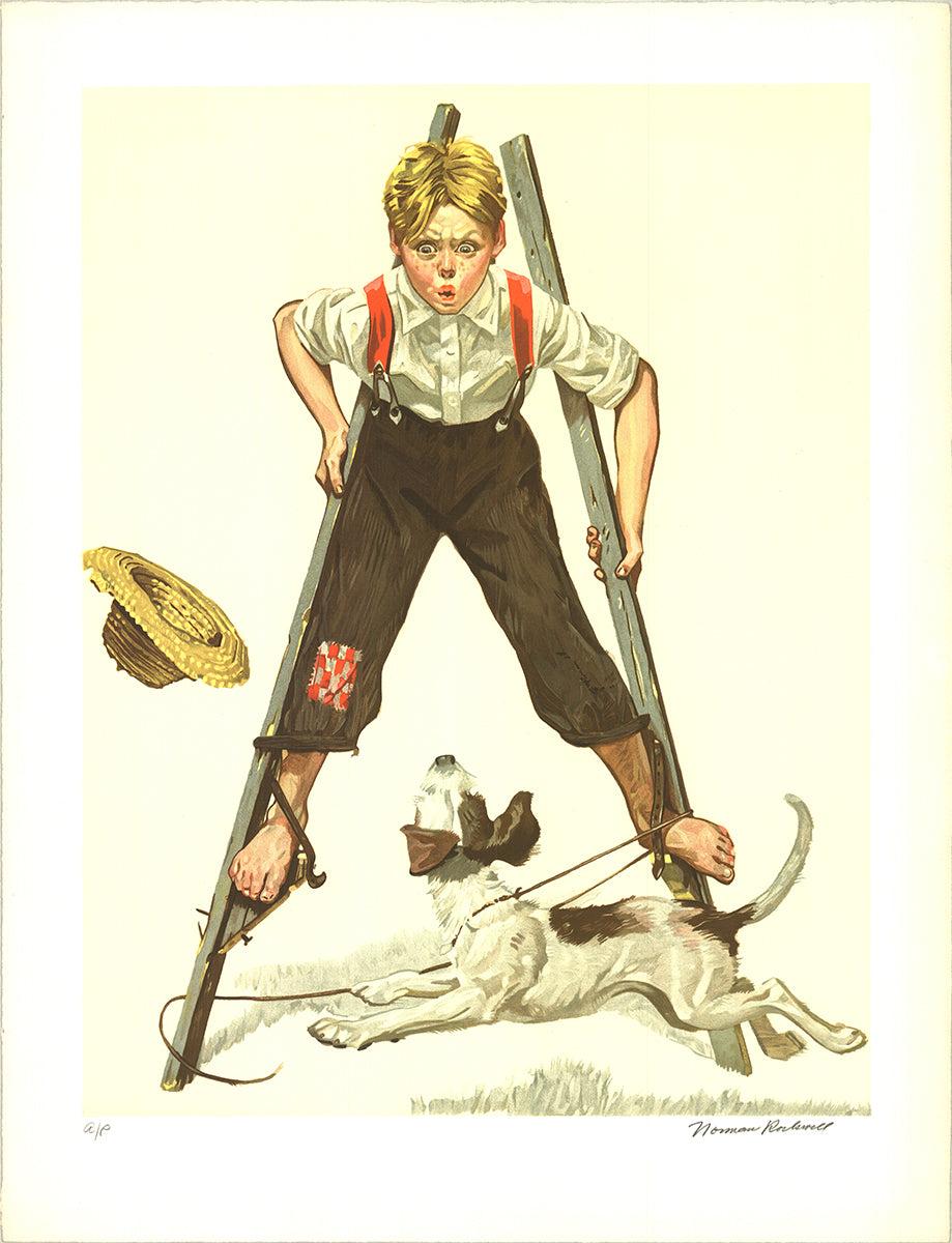 NORMAN ROCKWELL Boy on Stilts, 1976 - Hand Signed - Print by Norman Rockwell