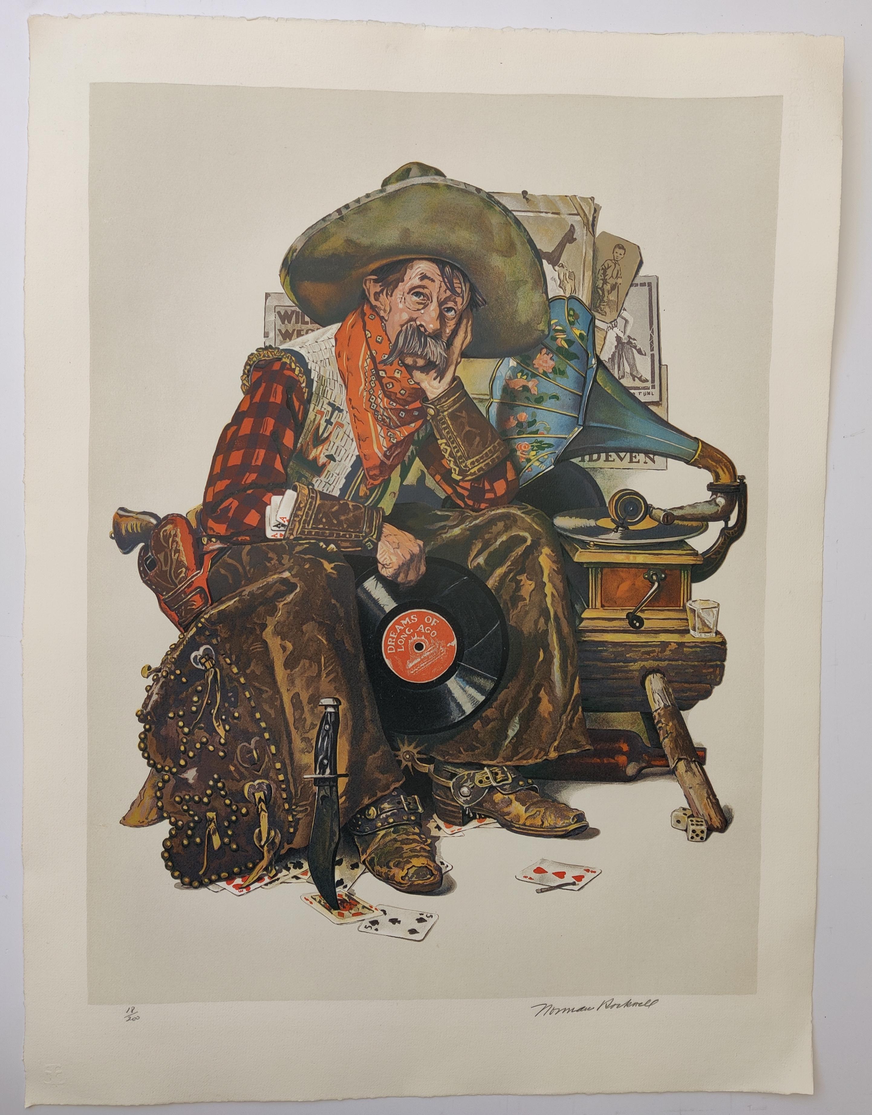 Norman Rockwell
Dreams of Long Ago,  1976 
Lithograph 
Hand signed lower right
Edition 18 / 200
Image size 68 x 51 cm
Sheet size 85 x 60 cm

Dreams of Long Ago/Cowboy with Gramophone created for the Cover illustration for The Saturday Evening Post