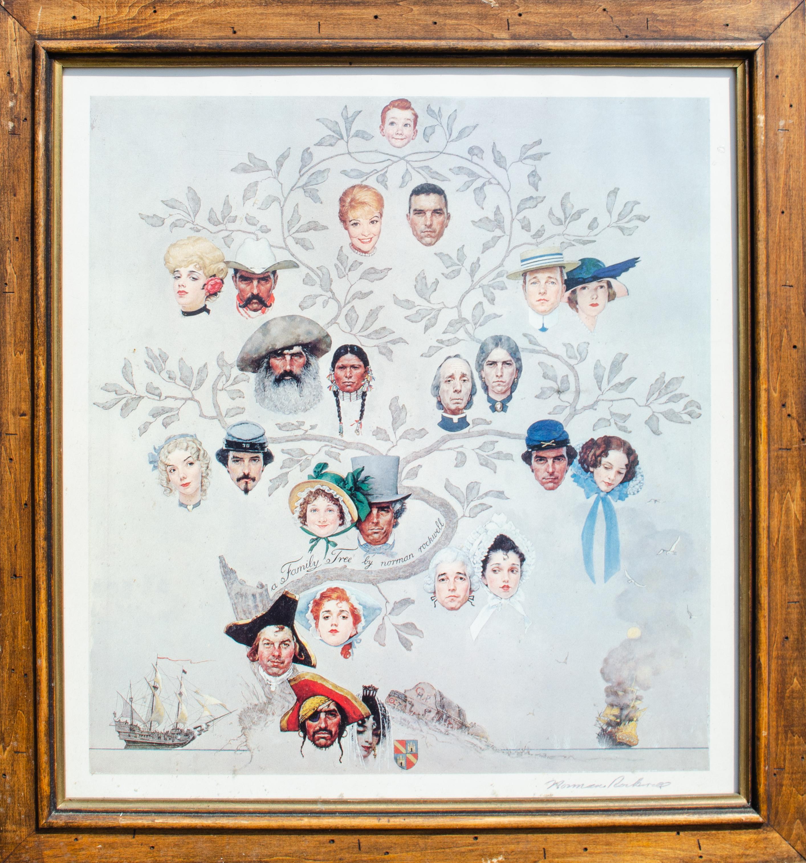 Norman Rockwell (estadounidense, 1894-1978)
Árbol genealógico
Pintura original producida en 1959, esta impresión fue publicada en 1959 en Japón por The Curtis Publishing Company
Litografía
Vista: 19 1/4 x 13 3/4
Enmarcado: 27 x 21 1/4 x 1