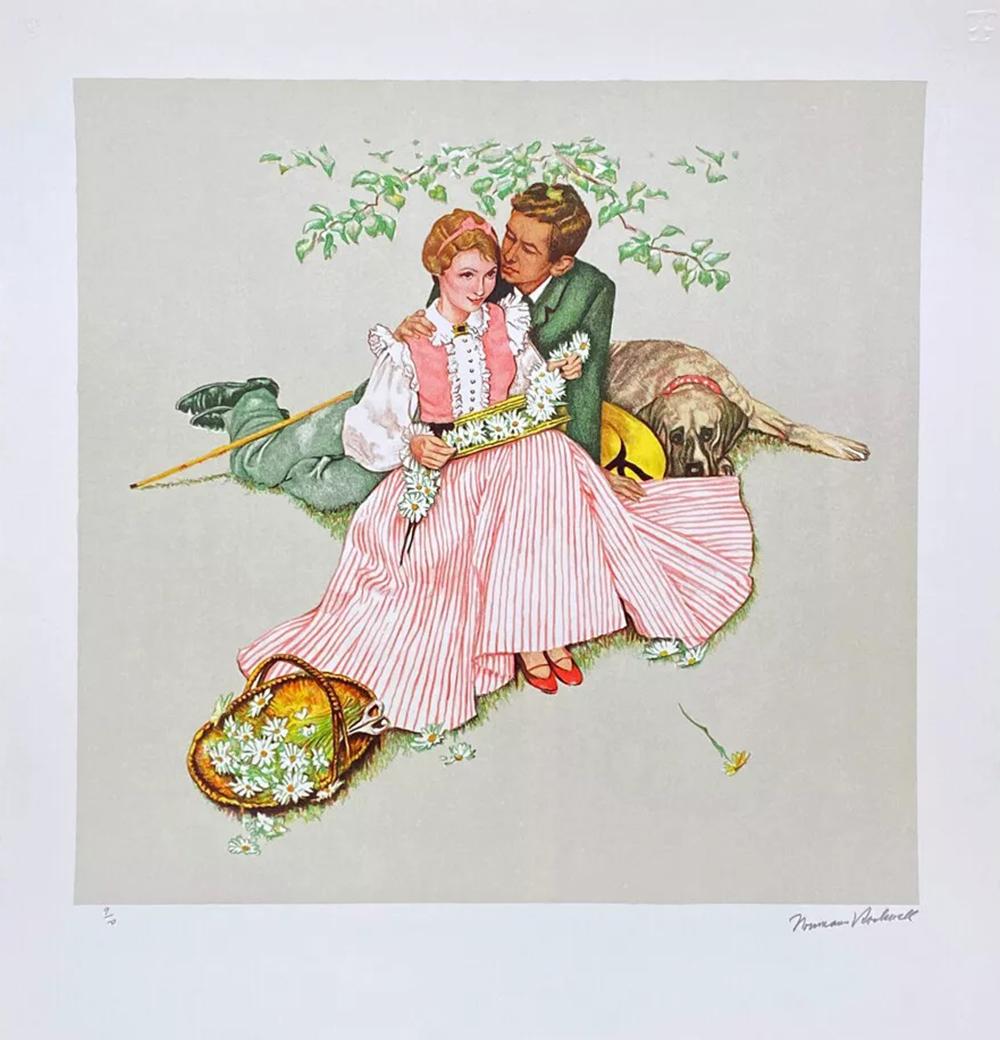 "Flowers in Tender Bloom" Dalla suite "Four Ages of Love" (Le quattro età dell'amore)
da
Norman Rockwell
Media: Litografia su carta
Dimensioni dell'immagine: 21" x 22"
Anno di produzione: 1977
Tiratura: 200 copie numerate (1-200), 60 prove d'artista