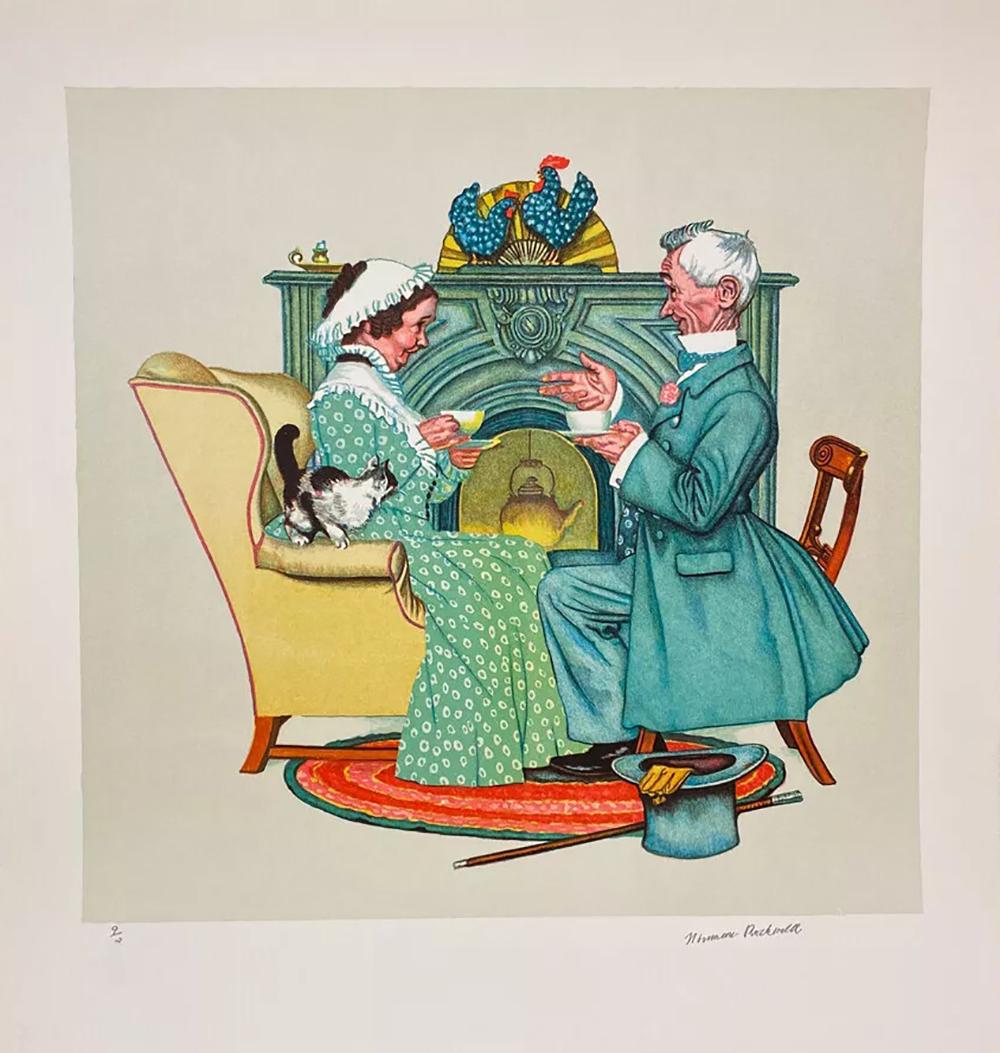 "Gaily Sharing Vintage Times" Dalla suite "Le quattro età dell'amore".
da
Norman Rockwell
Media: Litografia su carta
Dimensioni dell'immagine: 21" x 22"
Anno di produzione: 1977
Tiratura: 200 copie numerate (1-200), 60 prove d'artista (1-60)
Numero