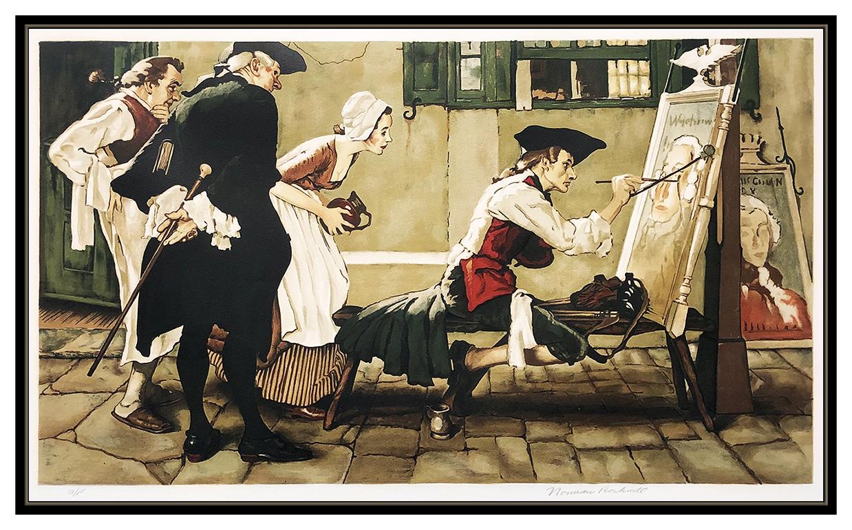 Norman Rockwell Lithograph Hand Signed Colonial Sign Painter Large Illustration - Realist Print by After Norman Rockwell