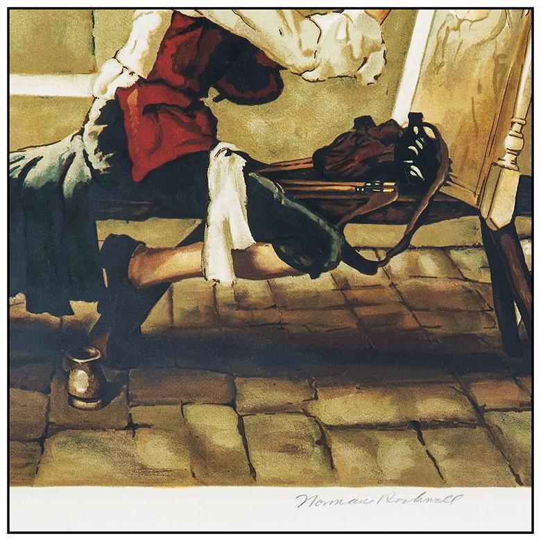 Norman Rockwell Lithograph Hand Signed Colonial Sign Painter Large Illustration - Brown Figurative Print by After Norman Rockwell