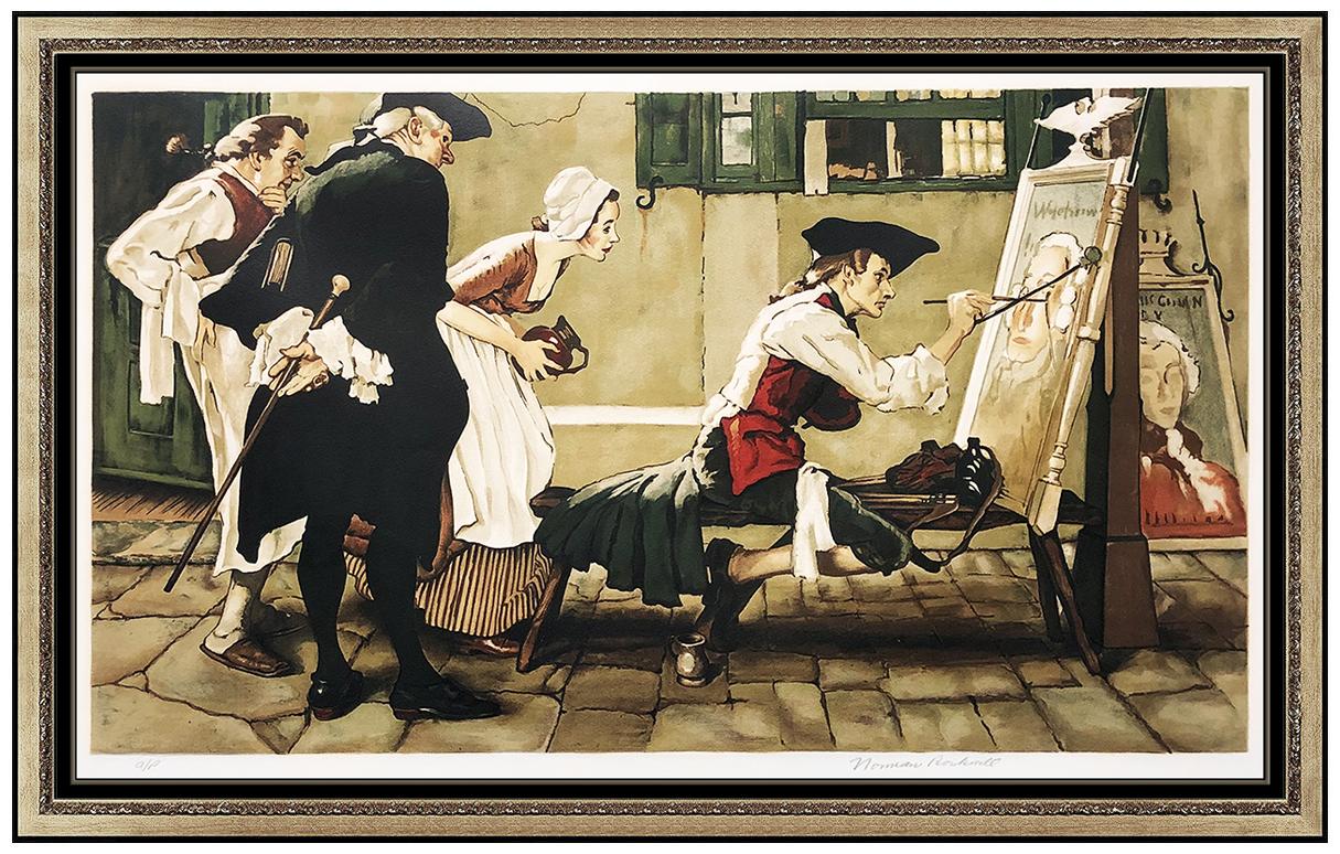 After Norman Rockwell Figurative Print - Norman Rockwell Lithograph Hand Signed Colonial Sign Painter Large Illustration
