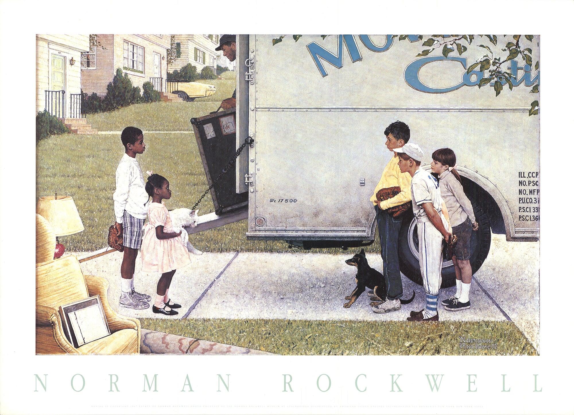 This is an authorized reproduction of Moving In, a powerful and socially significant work by Norman Rockwell. The image depicts a scene of children of color moving into a predominantly white neighborhood. As movers unload furniture from the truck,