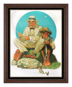 Norman Rockwell Original Color Lithograph Hand Signed Fishing Illustration Art