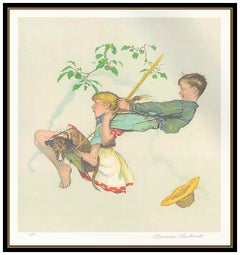 Norman Rockwell Original Color Lithograph Hand Signed The Swing Children Artwork