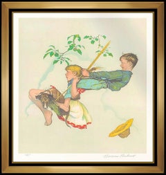 Vintage Norman Rockwell Original Color Lithograph Hand Signed The Swing Children Artwork