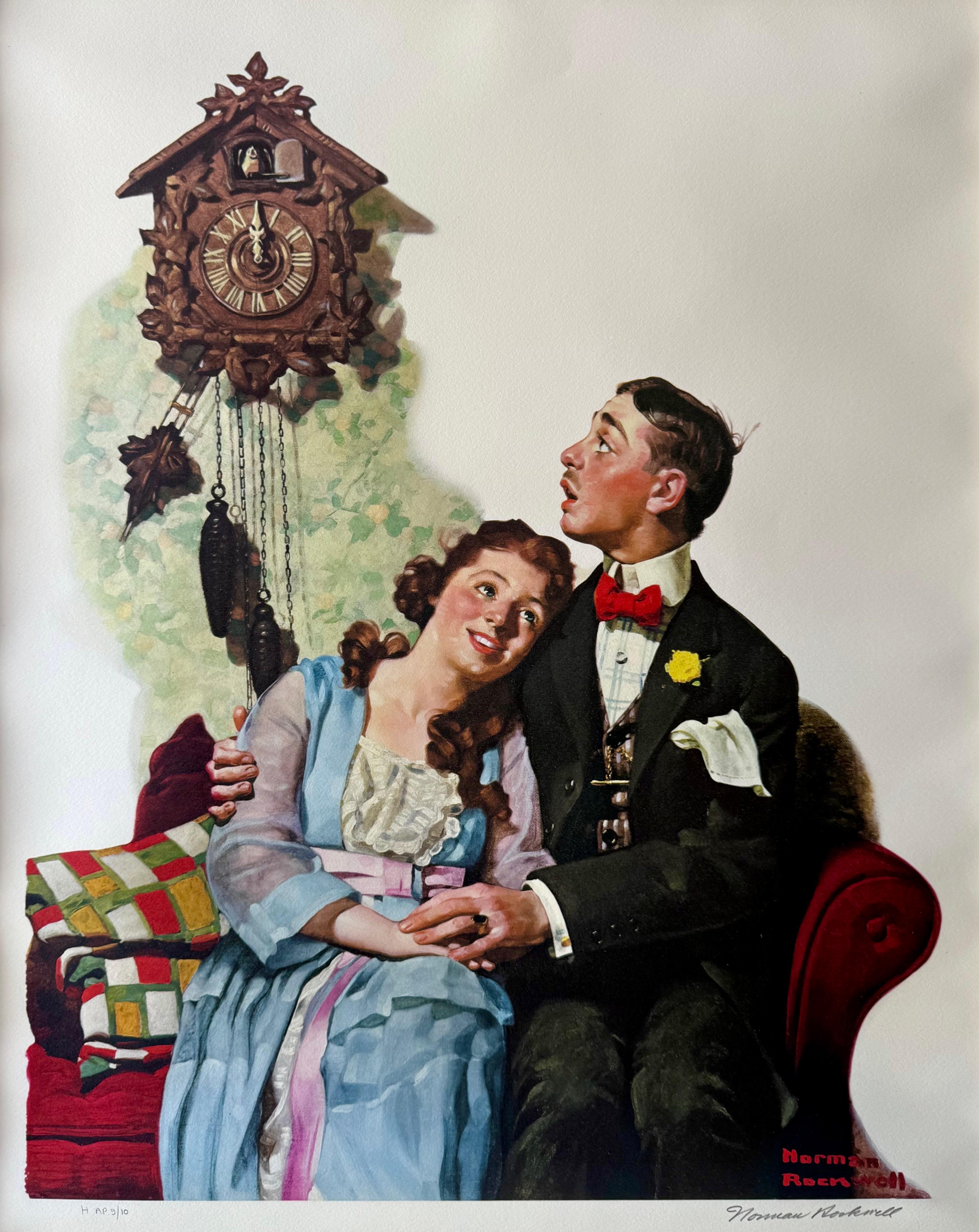 Norman Rockwell Litografía Original Pareja Cortejándose, Fecha, Firmada a Mano Americana 1