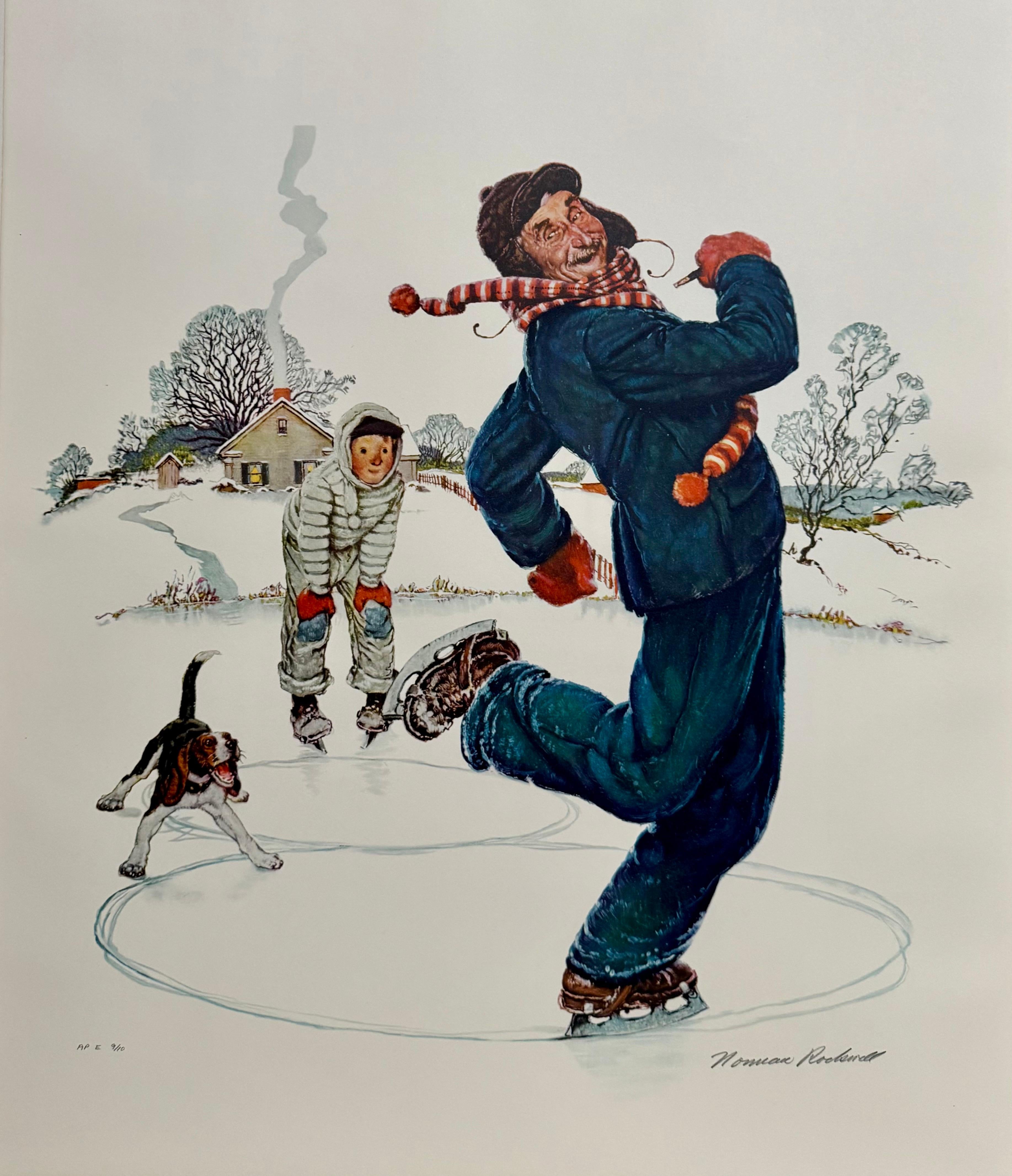 Norman Rockwell, litografia originale sul pattinaggio su ghiaccio firmata a mano Americana in vendita 1