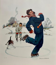 Norman Rockwell Original Lithograph Ice Skating Hand Signed Americana