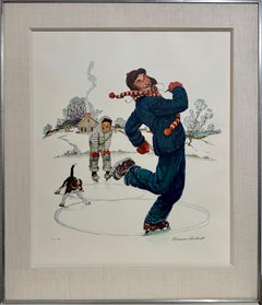 Vintage Norman Rockwell Original Lithograph Ice Skating Hand Signed Americana
