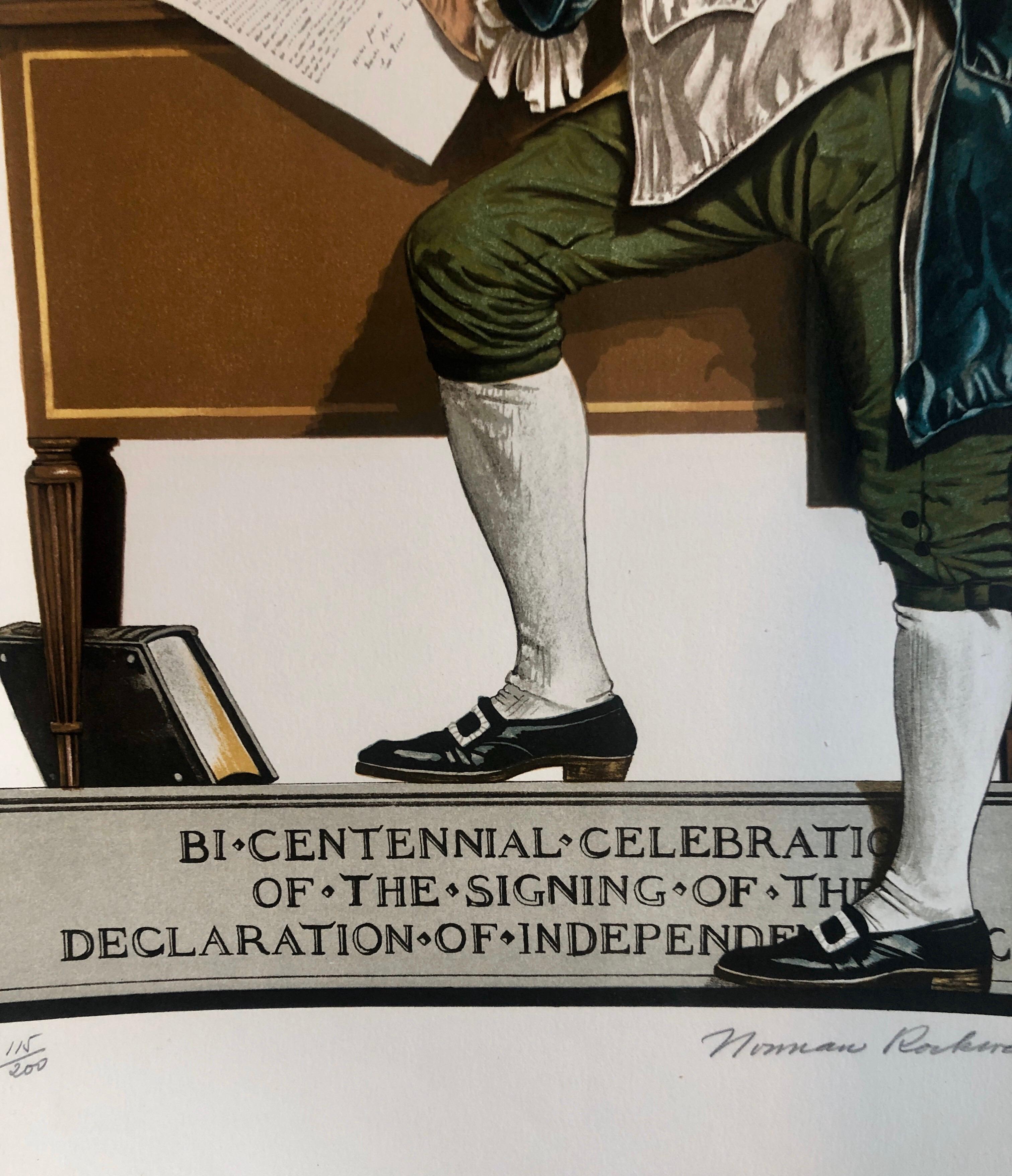 Original Lithographie Benjamin Franklin, Declaration of Independence Americana, Kunst (Beige), Figurative Print, von After Norman Rockwell