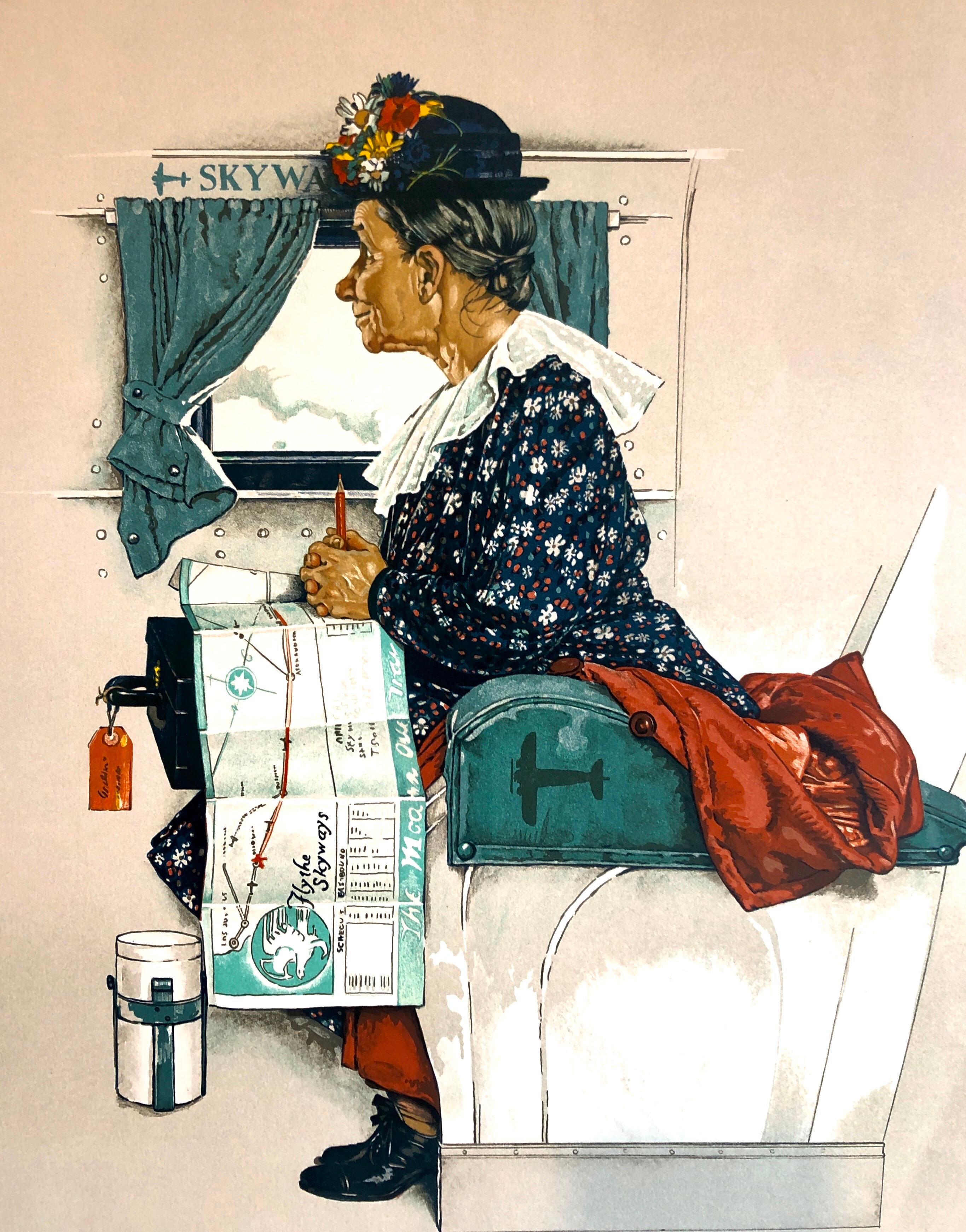 Original Lithograph Hand Signed Old Women Riding First Airplane Flight Americana - Print by After Norman Rockwell