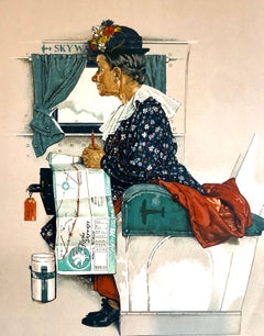 Original Lithograph Hand Signed Old Women Riding First Airplane Flight Americana