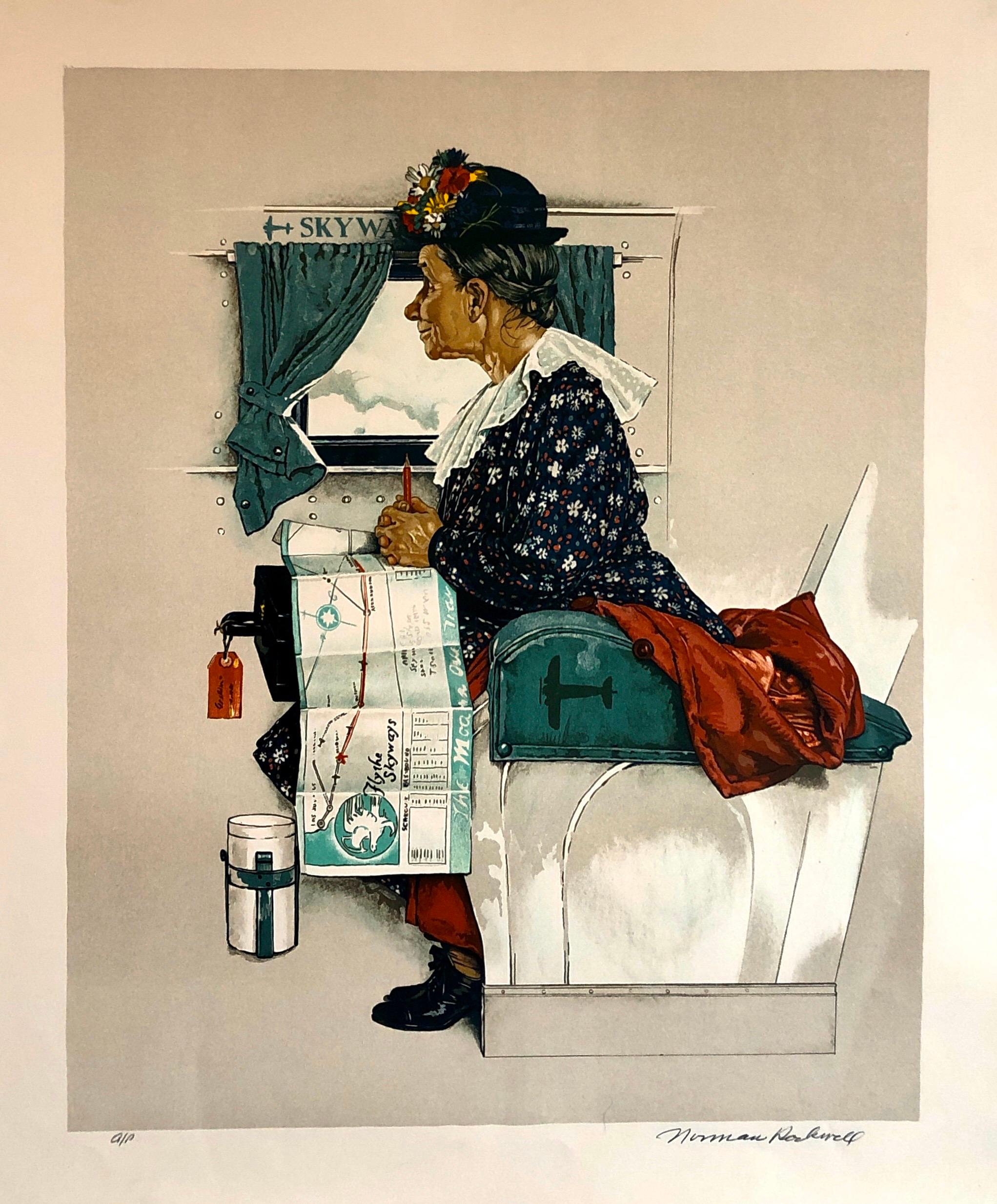 After Norman Rockwell Figurative Print - Original Lithograph Hand Signed Old Women Riding First Airplane Flight Americana