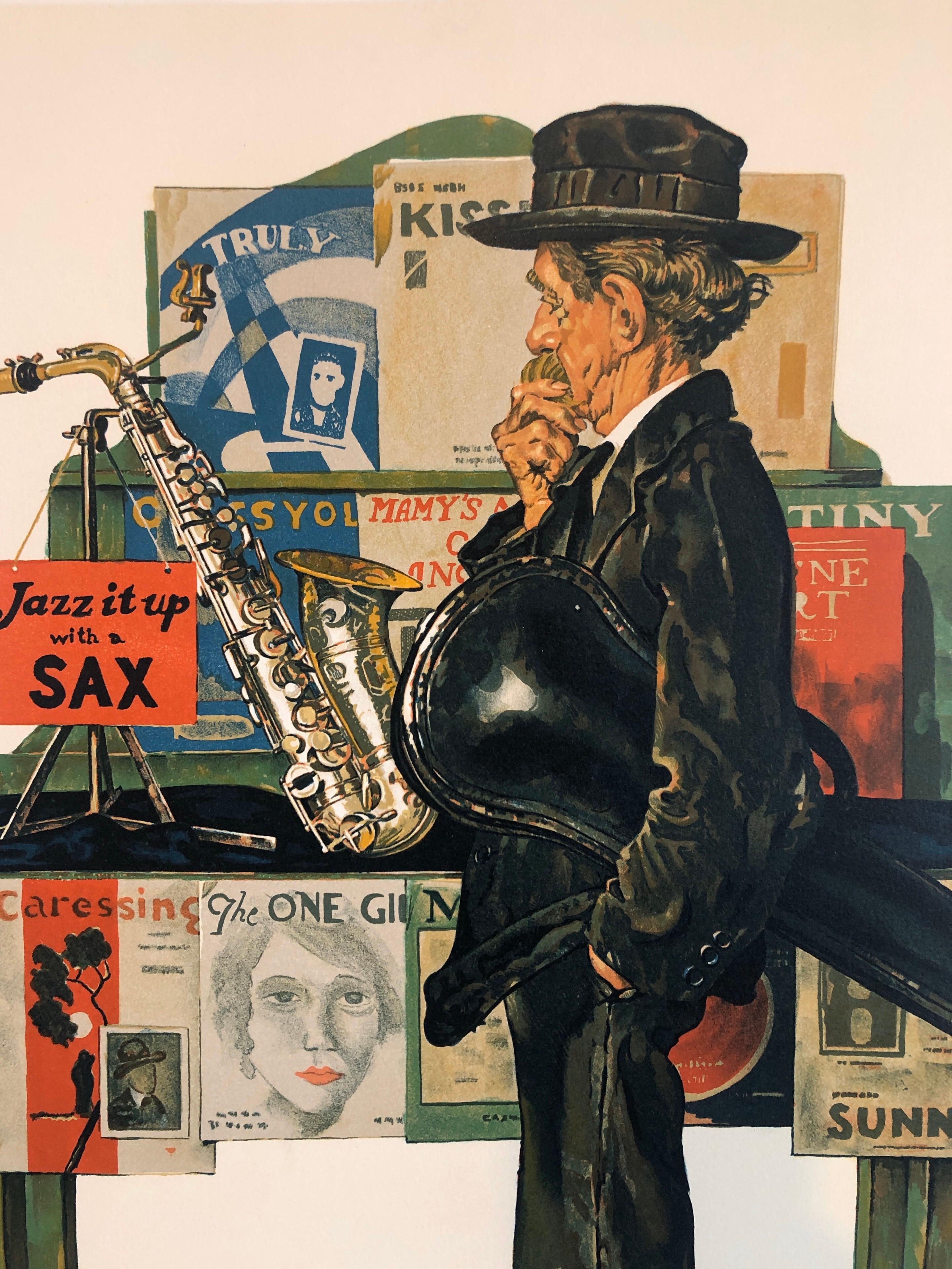 Original Lithograph Jazz It Up with a Sax, Musician, Hand Signed Americana Art - Print by After Norman Rockwell