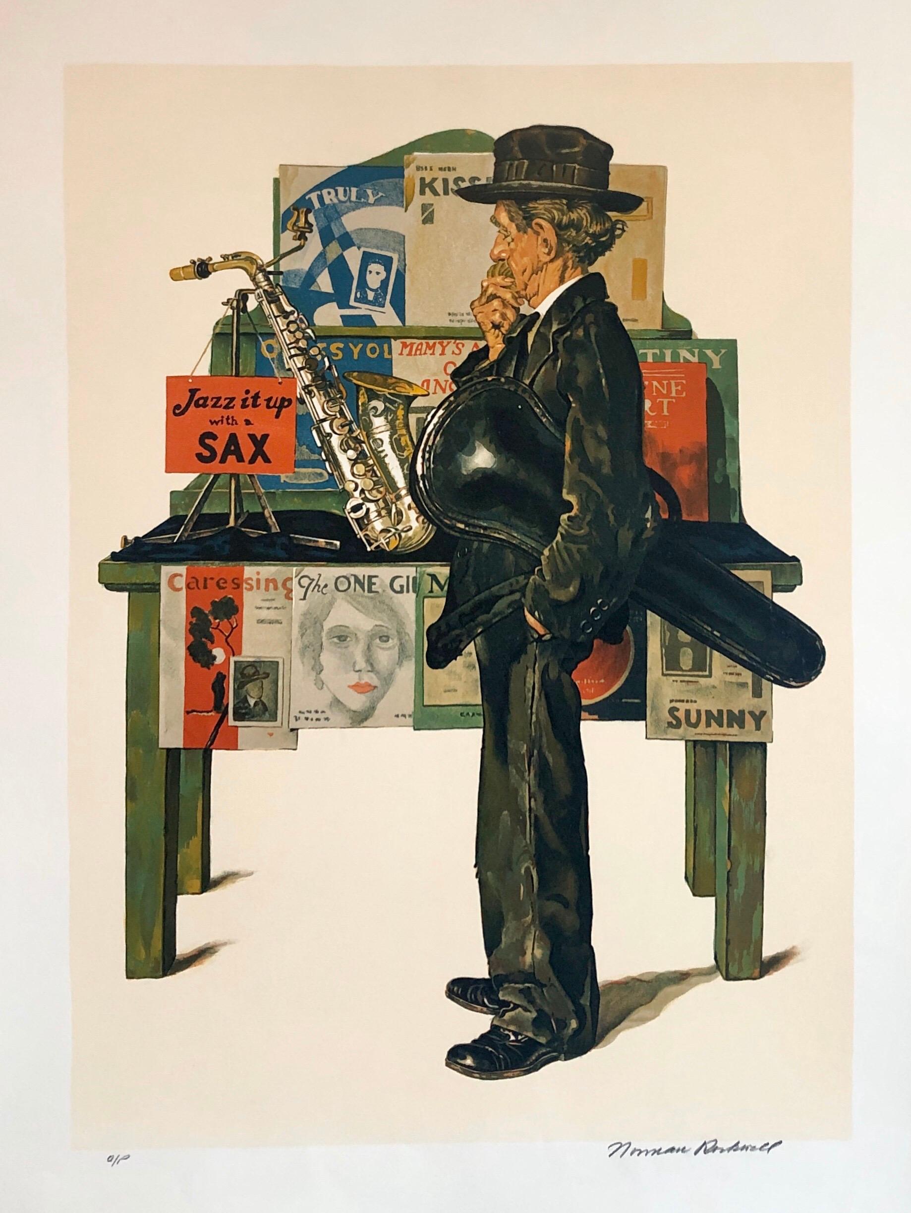 After Norman Rockwell Figurative Print - Original Lithograph Jazz It Up with a Sax, Musician, Hand Signed Americana Art
