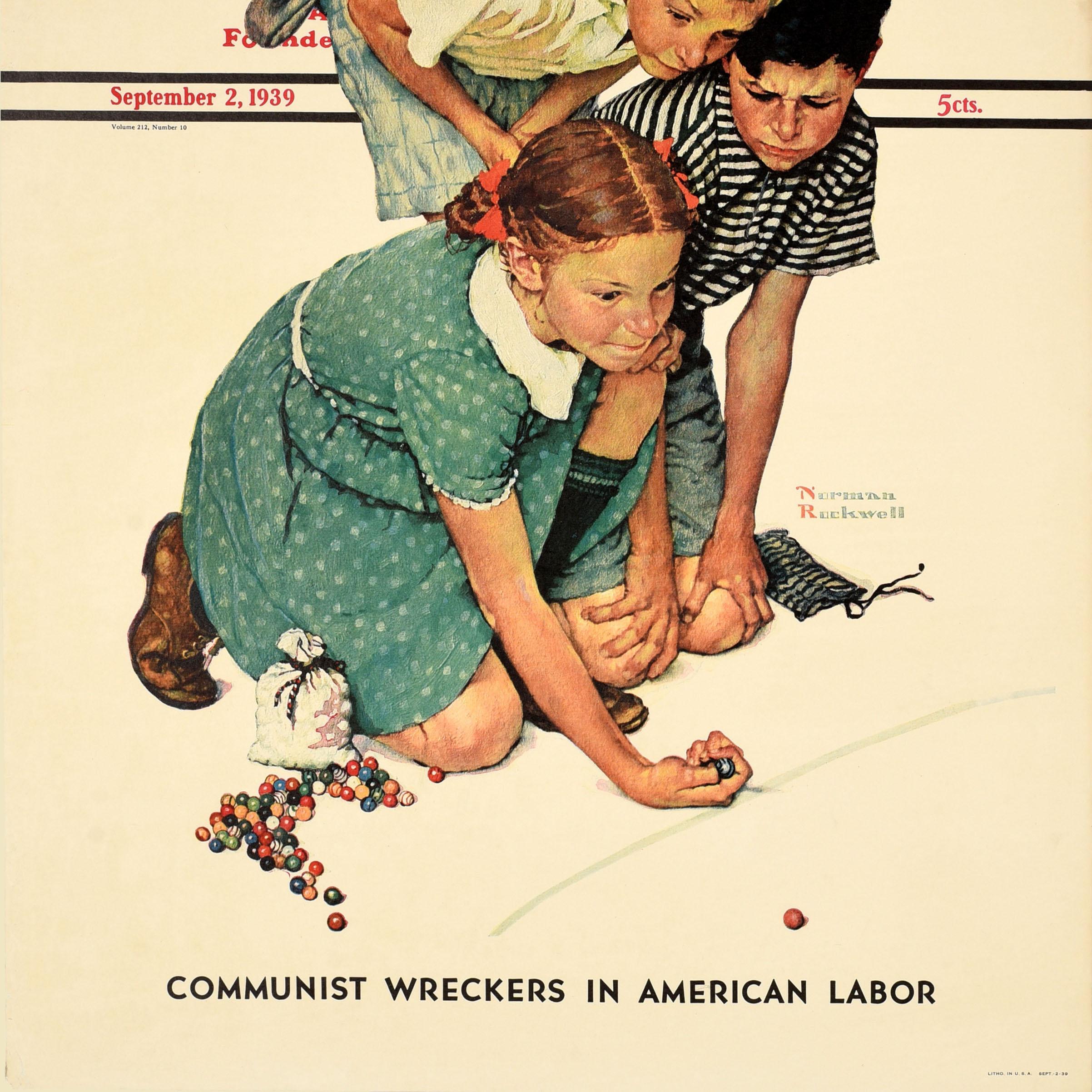 Original vintage advertising poster for The Saturday Evening Post illustrated magazine issued on 2 September 1939 featuring artwork by the notable American painter and cover designer Norman Percevel Rockwell (1894-1978) depicting three children