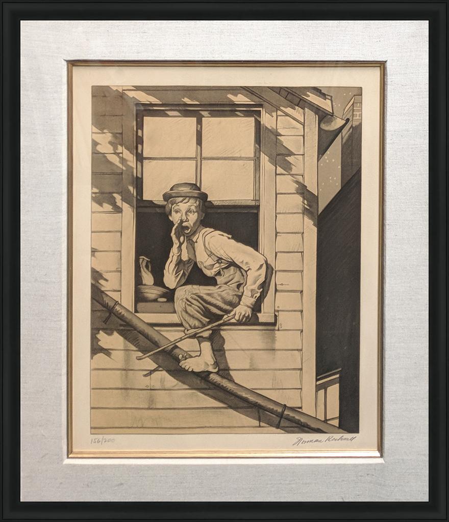 Norman Rockwell Figurative Print - OUT THE WINDOW (SEPIA)