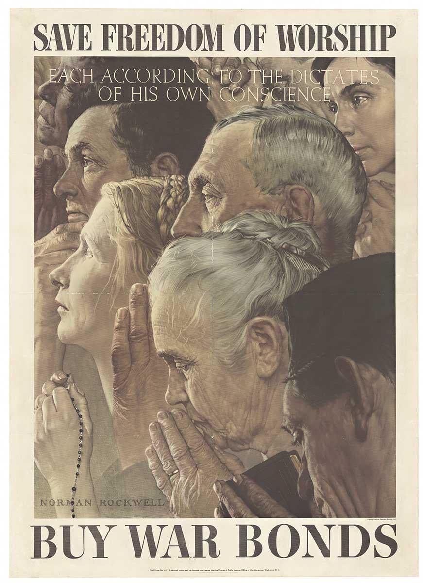 Affiche vintage originale Four Freedoms de 1943 « Save Freedom of Worship » (Faire la liberté de vivre)