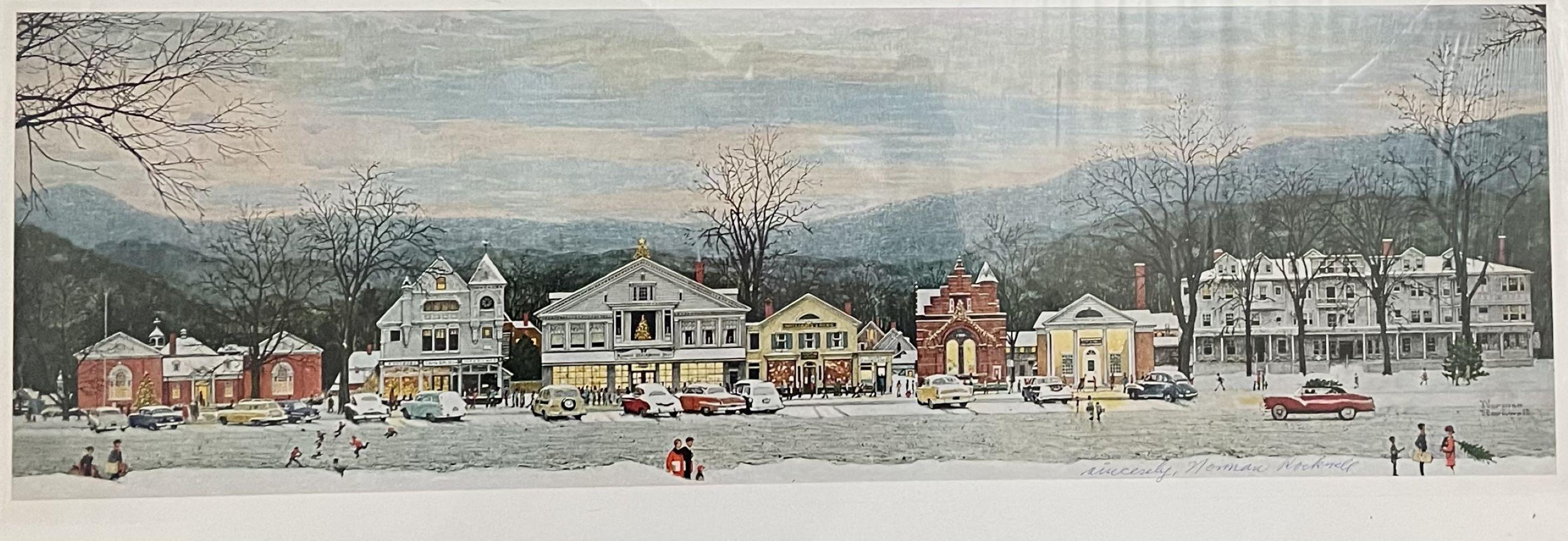 Norman Rockwell Landscape Print - Stockbridge Main Street at Christmas (Home for Christmas)