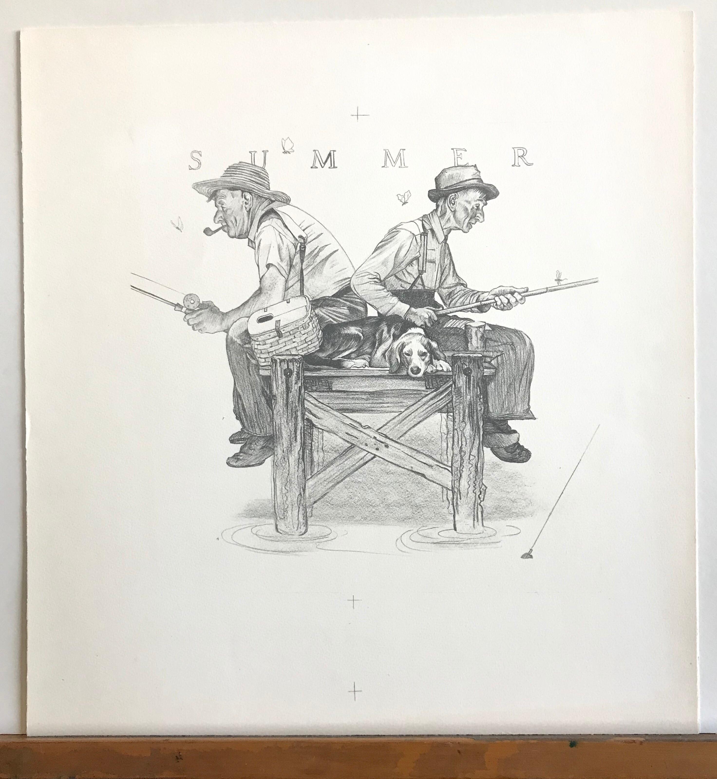 LAS CUATRO ESTACIONES 4 Litografías Dibujadas a Mano, Arte Ilustrado Americano, Americana en venta 2