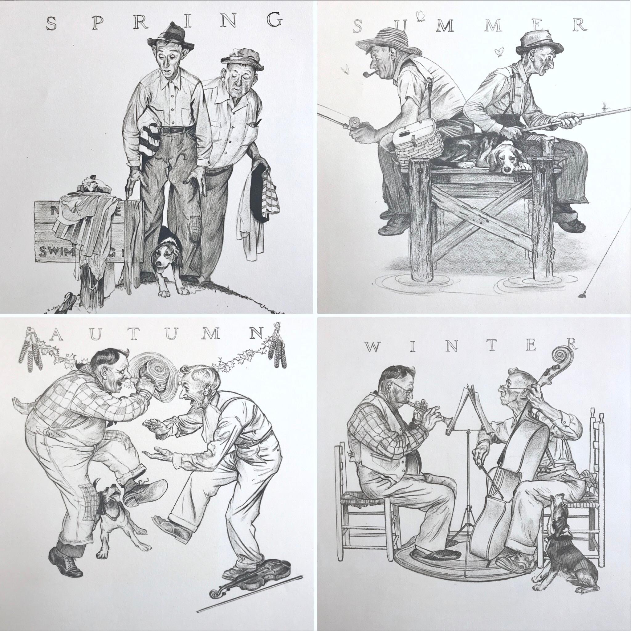 THE FOUR SEASONS 4 Lithographien auf Arches-Papier, Amerikanische Illustration, Americana