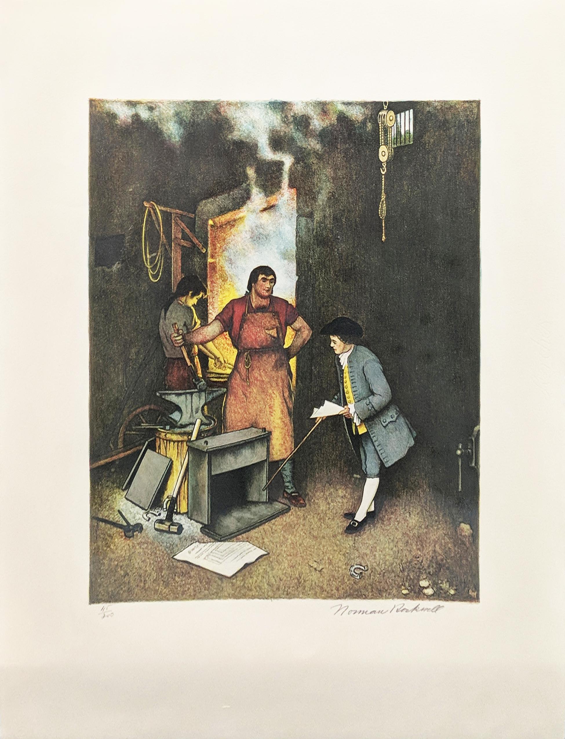 Figurative Print Norman Rockwell - LA SMITHY DE LA MAISON DE VILLAGE