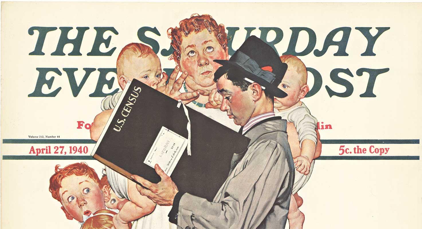 Affiche vintage originale du Saturday Evening Post datant du recensement américain, 1940 - Print de Norman Rockwell
