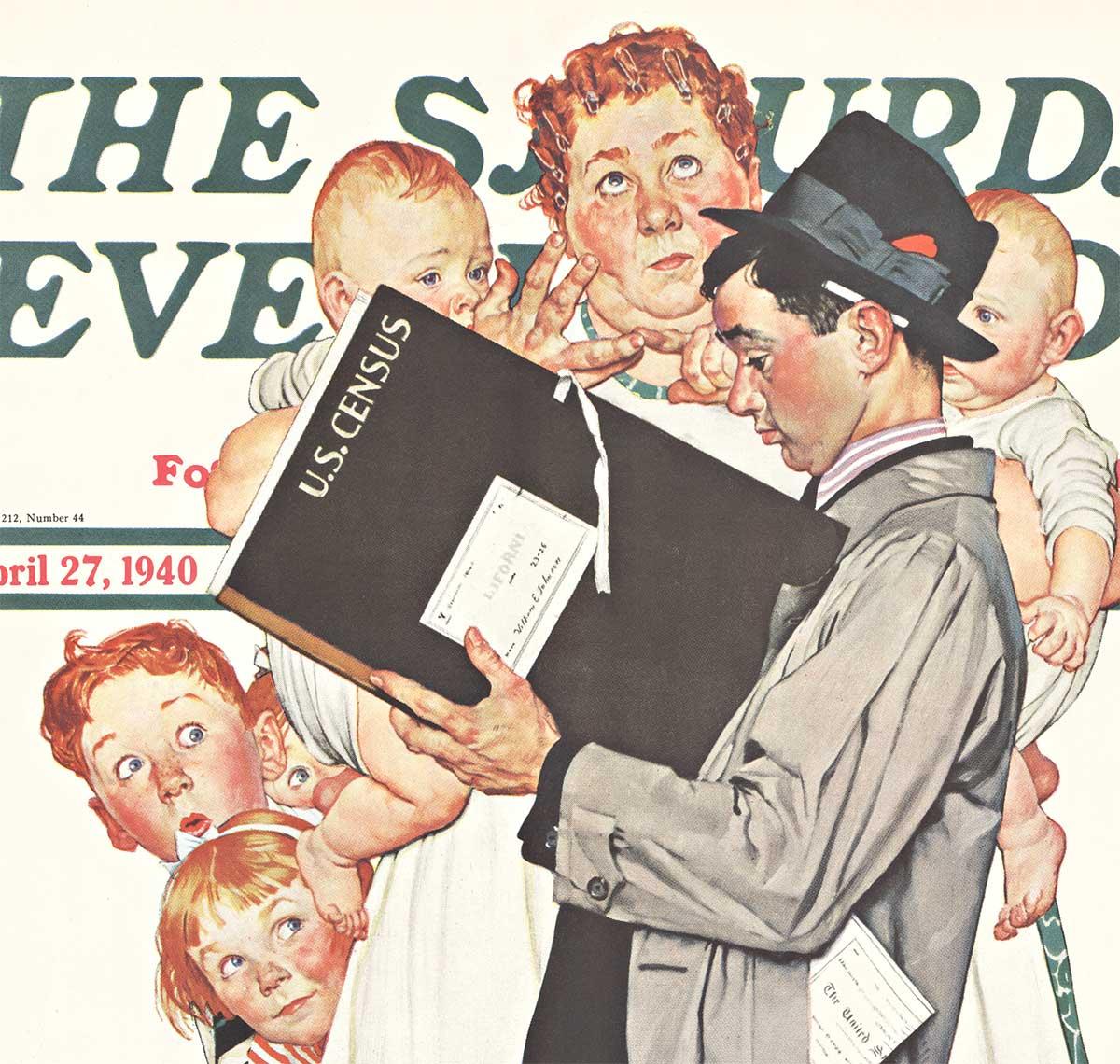 Affiche vintage originale du Saturday Evening Post datant du recensement américain, 1940 - Blanc Portrait Print par Norman Rockwell