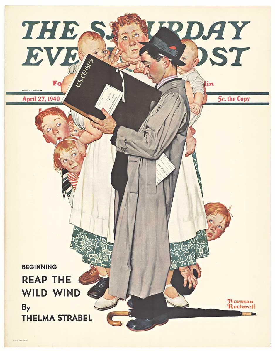 Portrait Print Norman Rockwell - Affiche vintage originale du Saturday Evening Post datant du recensement américain, 1940