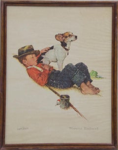 Ohne Titel Junge und Hund beim Fischen – Reproduktion einer Lithographie nach Norman Rockwell