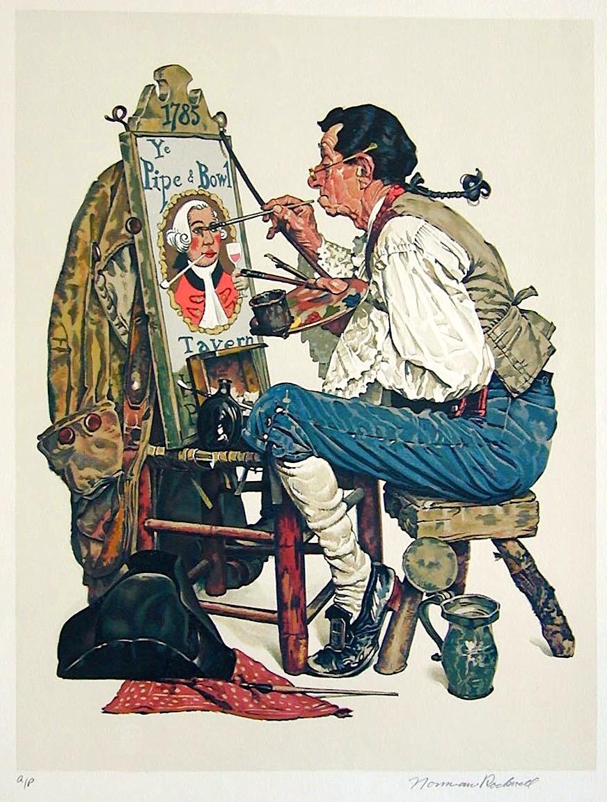 YE PIPE AND BOWL - Lithographie signée - Peintre d'un ancien panneau de signalisation - Illustration américaine - Print de Norman Rockwell