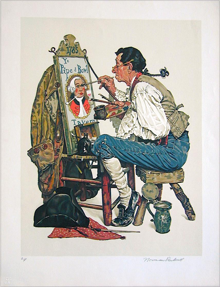 YE PIPE AND BOWL Signed Lithograph Old Tavern Sign Painter American Illustration - Realist Print by Norman Rockwell